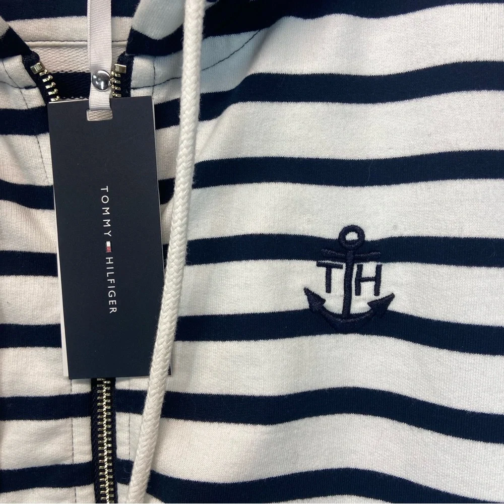 Tommy Hilfiger Nautical White Navy Stripped Zipper Front Hoddie - Picture 2 of 9
